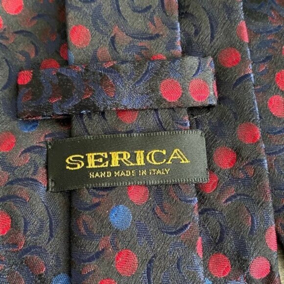 Serica Handmade in Italy Neck Tie 100% Silk Red Blue Dot Emboss Retro Pattern - Picture 2 of 7